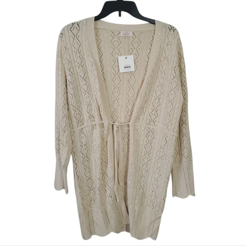 NKN Nekane Ecru Beige Sequin Knit Drawstring Waist Cardigan Small/Medium NWT